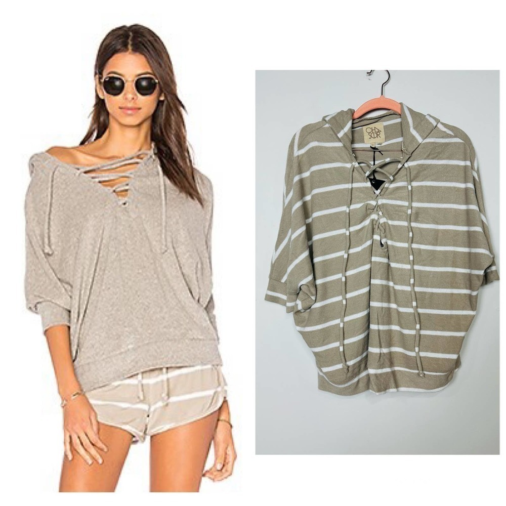 Chaser Revolve NWT Love Cloth Lace Up Oversized Dolman Hoodie Sand Stripe